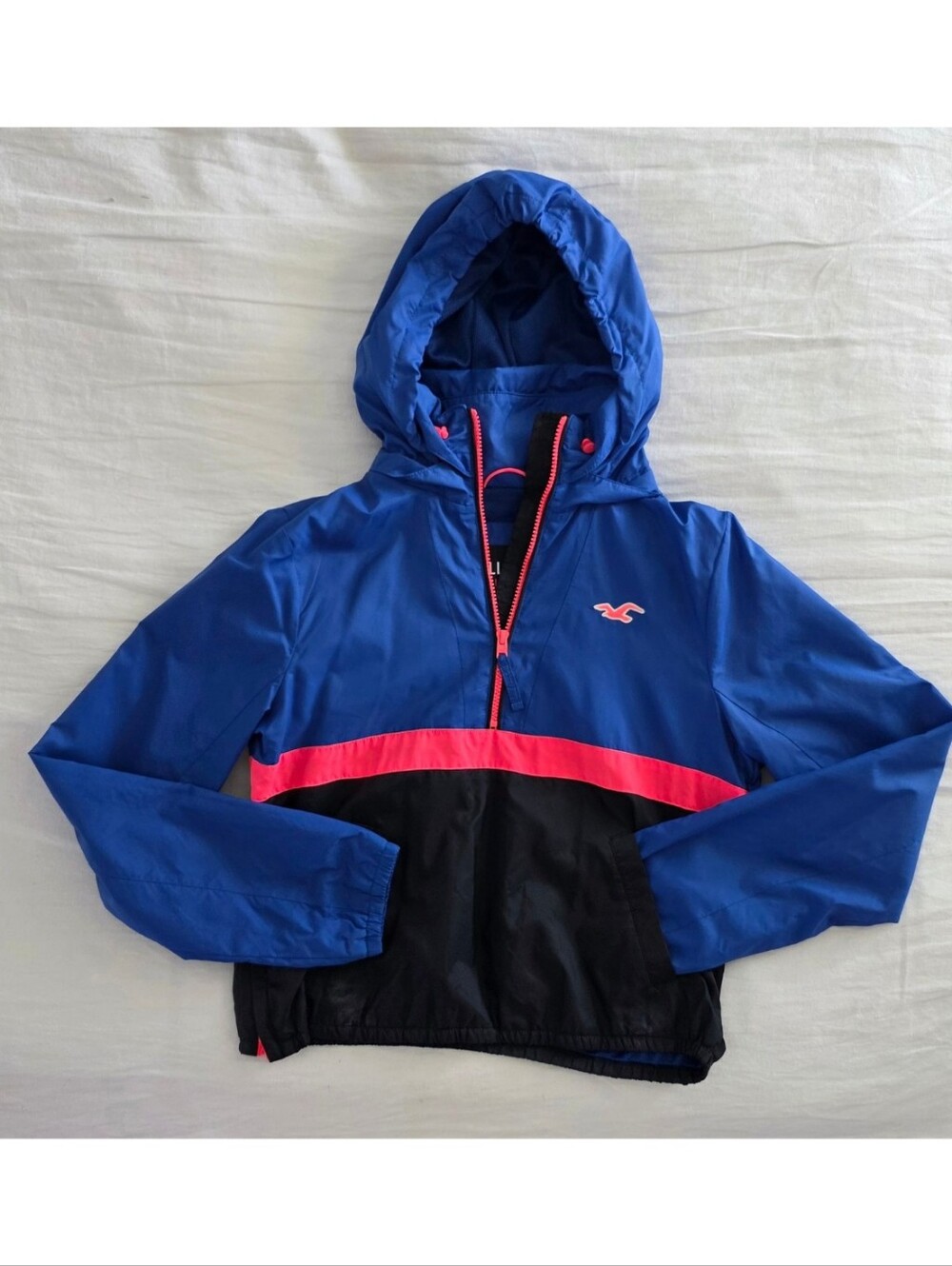Hollister California Colorblock Windbreaker Crop Jacket Hood Half Zip Blue M